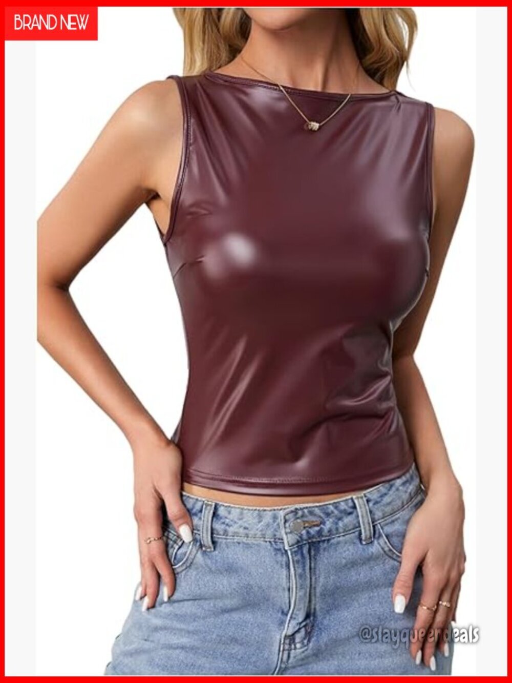 Sleeveless Leather Tank Top Boat Neck Ruched Slim Fit Party Club Top
